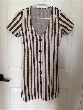 Zara Brown & White Striped Button-Front Mini Dress